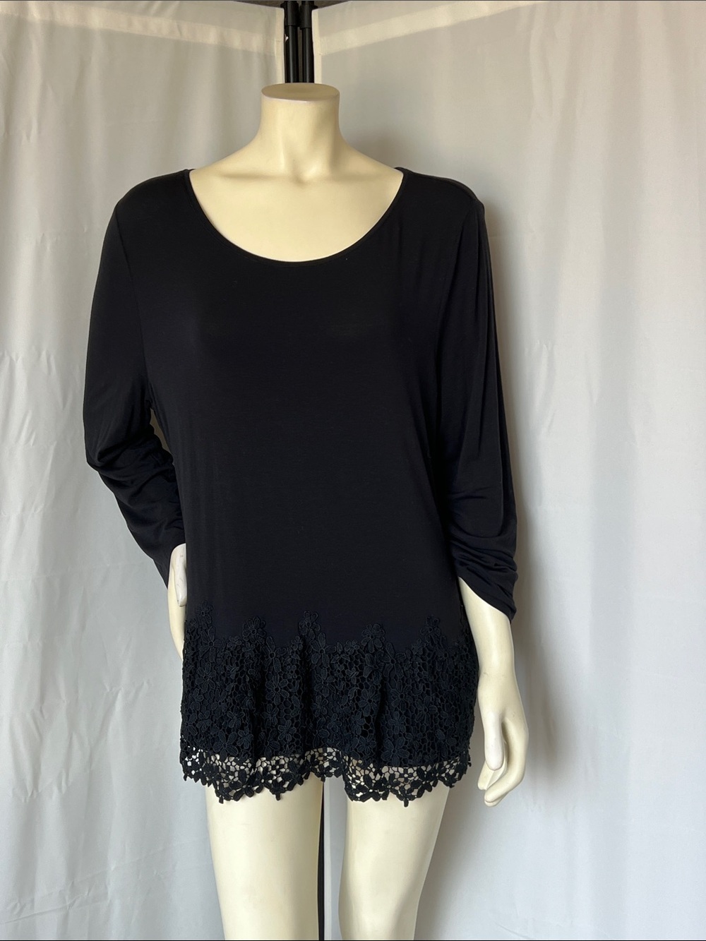 Escada Black Long Sleeve Top with Floral Lace Hem
